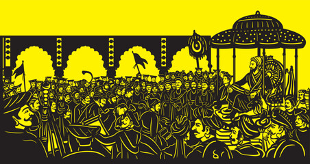 Shivaji Maharaj Rajyabhishek moment illustrated, where Chatrapathi shivaji siting on the throne and rest of the world acknowledging his power. 