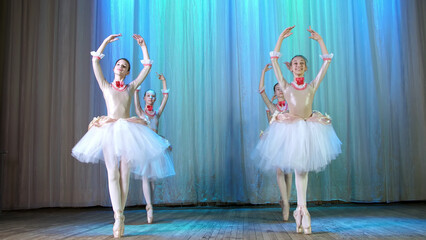 ballet rehearsal, on the stage of the old theater hall. Young ballerinas in elegant dresses and...