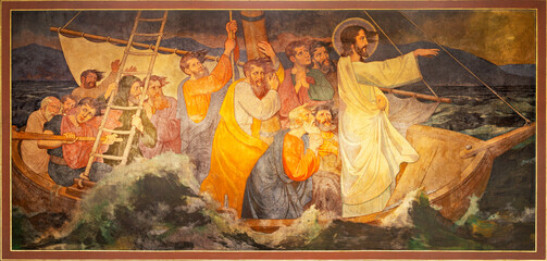 BERN, SWITZERLAND - JUNY 27, 2022: The fresco of Jesus Calms the Storm in the church...