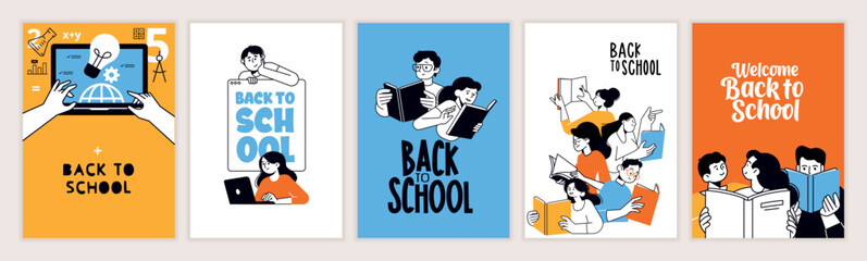 Set of back to school posters. Vector illustration concepts for graphic and web design, business presentation, marketing and print material. International education day, world book day, teachers day.