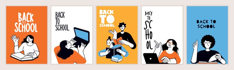 Set of back to school posters. Vector illustration concepts for graphic and web design, business presentation, marketing and print material. International education day, world book day, teachers day.