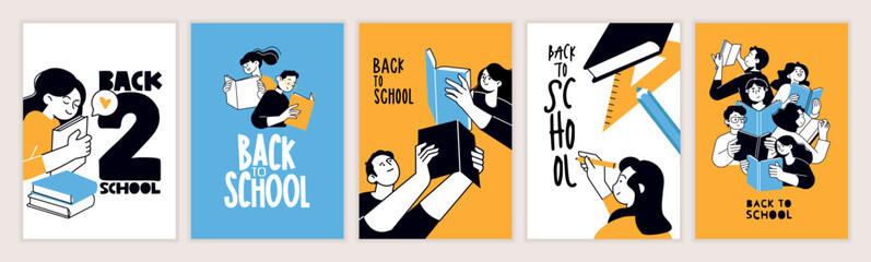 Fototapeta na wymiar Set of back to school posters. Vector illustration concepts for graphic and web design, business presentation, marketing and print material. International education day, world book day, teachers day.