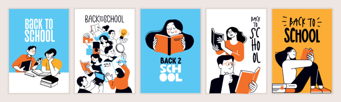 Set of back to school posters. Vector illustration concepts for graphic and web design, business presentation, marketing and print material. International education day, world book day, teachers day.