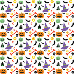 Seamless vector pattern, magic hand drawn doodle. Magic haunted house, pumpkin, cat, bat, cobweb. Mystical holiday pattern.
