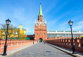 Fototapeta na wymiar Moscow, Russia - June 2022: Pedestrian bridge to the Trinity Tower of the Moscow Kremlin. Moscow sights, tourism and travel