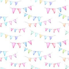 Seamless pattern with garlands of multicolored flags painted in watercolor on a white background.