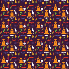 Obraz premium Halloween orange festive seamless pattern. Endless background with pumpkins, skulls, bats, spiders, ghosts, bones, candies, spider web and speech bubble with boo