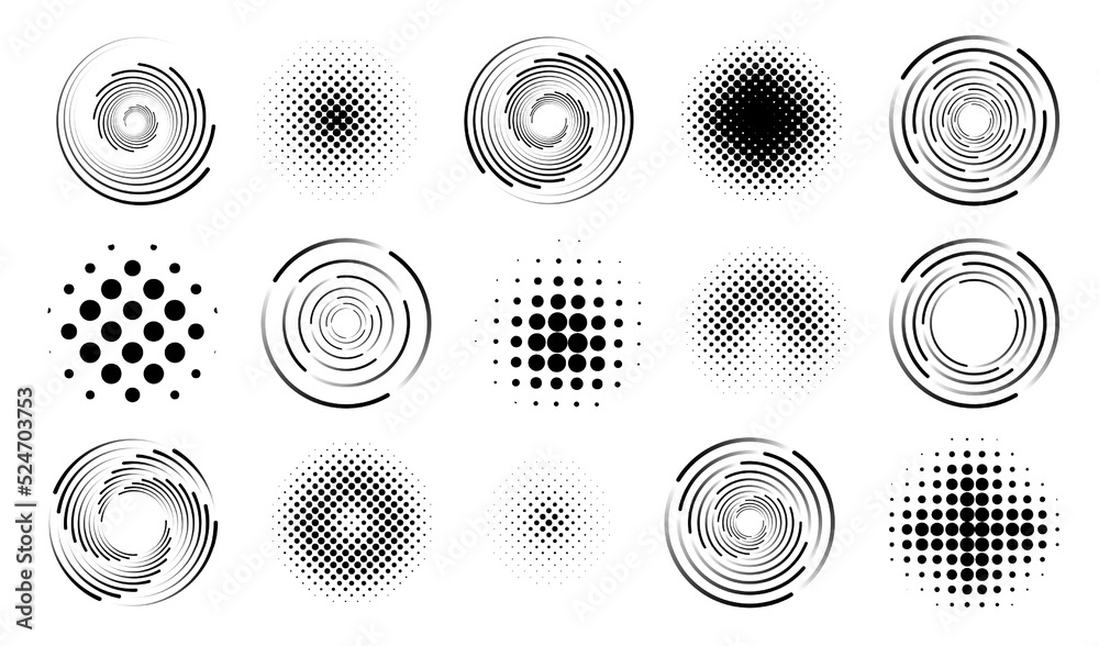 Aufkleber Circle lines, round dot patterns. Abstract spiral speed icons, circular graphic swirls, radial movement, halftone abstract shapes. Black geometric elements. Vector design background objects