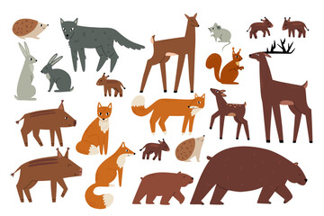 Collection of forest animals drawn in flat style. Bears, deer, wolf, hares. Wild nature