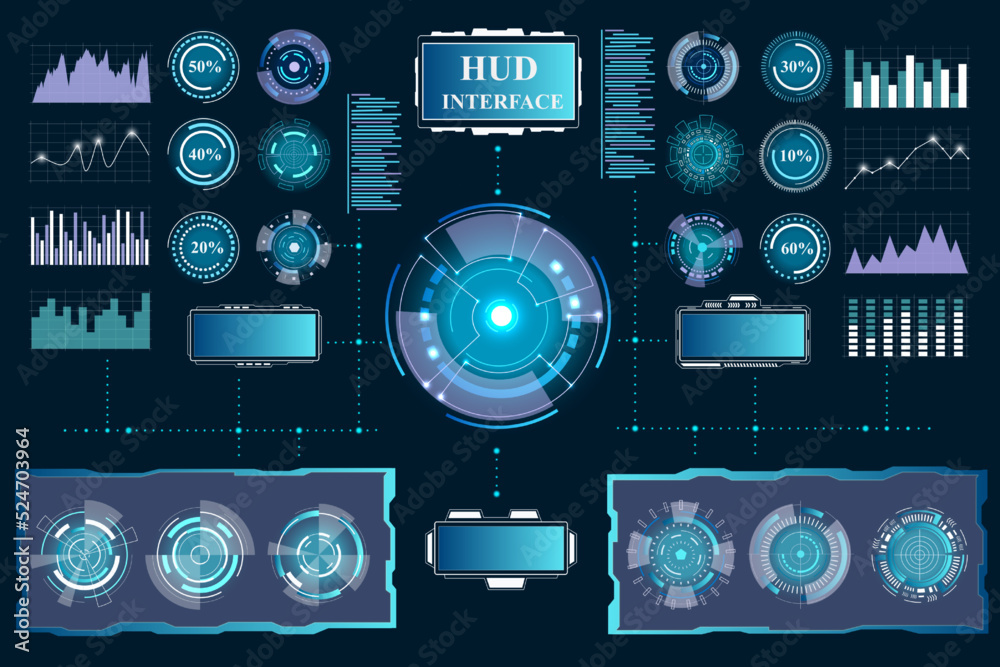 Fototapete Game HUD interface. Space dashboard with tech digital UI elements. Medical technology. Graph statistic screen. Chart infographics and diagrams. GUI panel frame shapes. Vector design set