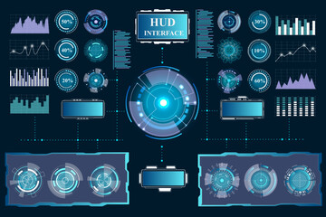 Game HUD interface. Space dashboard with tech digital UI elements. Medical technology. Graph statistic screen. Chart infographics and diagrams. GUI panel frame shapes. Vector design set - obrazy, fototapety, plakaty