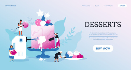 Cooking chocolate. Dessert website interface. Woman chef with sweet pastry. Bakers prepare cake. Confectionery landing page. Culinary web UI. Bakery concept. Vector illustration banner