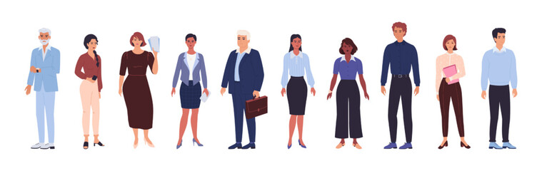 Business people. Woman and man persons. Office workers team. Employee in suit. Diverse characters set. Colleagues group. Standing managers. Corporate staff. Vector cartoon collection