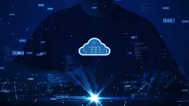 Cloud and edge computing technology concepts with cybersecurity protection. The cloud stands out in the center and other icons around it. man typing computer binary code polygon dark blue background.