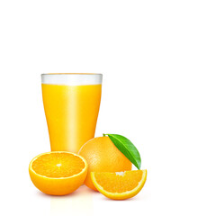 100% orange juice glass with oranges and orange slices isolated on white background