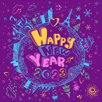 Multicolored hand drawn doodle Earth globe poster with castle, ship, cities, stars  on violet background. Cute childish cartoon illustration. Merry Christmas vector greeting card. Happy New Year 2023