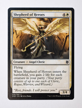 Hamburg, Germany - 05302022: photo of the English Magic The Gathering common card Shepherd of Heroes from the 2020 Zendikar Rising set.