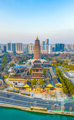 Fototapeta na wymiar Aerial photography of Tianning Pagoda, Wenbi Pagoda, Hongmei Pavilion and Hongmei Park Scenic Spot in Changzhou City, Jiangsu Province, China