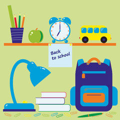 Fototapeta premium Back to school set. School backpack, alarm clock, table lamp, books, school bus, pencils, pens, paper clips.