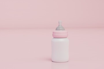 baby food for babies. milk in a baby bottle on a pink pastel background. copy paste, copy space. 3d render. 3d illustration