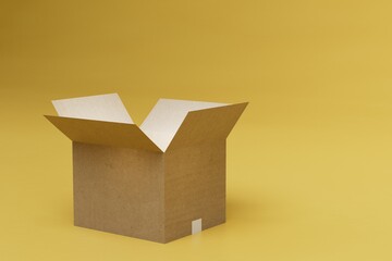 ordering, packaging and delivery of parcels. open box on a yellow background. 3d render. 3d illustration