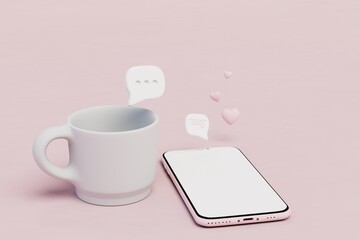 love online correspondence via smartphone. chatting online over a cup of coffee. cup, smartphone with message and heart icons on pink pastel background. copy paste. 3d render. 3d illustration