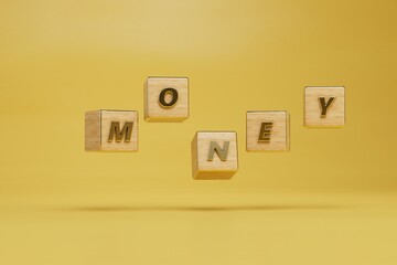 attracting monetary rewards. wooden cubes with lined inscription money on a yellow background. 3d render. 3d illustration