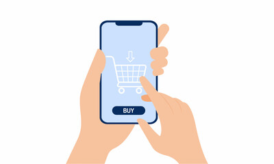 Hand holding smartphone with a buy now button on the screen. shopping cart. online shopping concept. vector illustration.