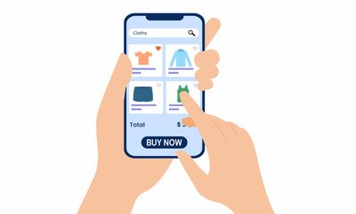Concept of online shopping in mobile device. Woman buys clothes via phone. vector illustration.