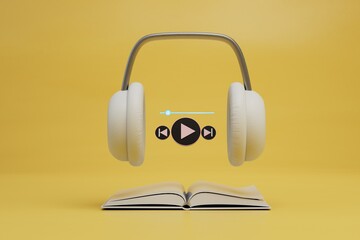 modern technologies. listening to an audiobook with headphones. headphones, audiobook and start icon on audio track on yellow background. 3d render. 3d illustration - obrazy, fototapety, plakaty