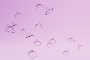 protection against unwanted pregnancy. protected intercourse. unpacked condoms scattered over a purple background. 3d render. 3d illustration