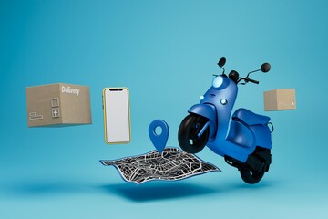 destination on the map. order delivery of parcels to the specified address via smartphone. location icon, map, boxes, moped and smartphone on a turquoise background. 3d render. 3d illustration - obrazy, fototapety, plakaty
