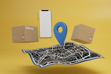 destination on the map. order delivery of parcels to the specified address via smartphone. location icon, map, boxes and smartphone on yellow background. 3d render. 3d illustration - obrazy, fototapety, plakaty