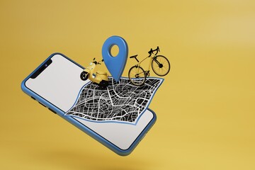 order delivery of parcels to the specified address via smartphone. navigator, map, moped, bicycle and smartphone on a yellow background. copy paste, copy space. 3d render. 3d illustration - obrazy, fototapety, plakaty