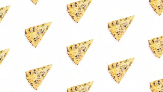 4k Pizza patern. Group of triangular pizza slices rotates around its axis following the central slice. White background. Popular delicious food concept. Stop motion animation.