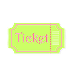 Simple green and pink ticket with barcode for cinema, museum, theatre event isolated, flat design vector logo illustration