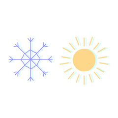 Simple yellow sun and blue snowflake icon, hot and cold, high and low temperature, summer and winter. Vector isolated flat illustration