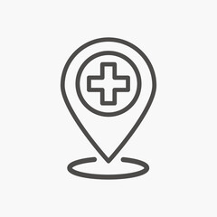 Obraz premium Medical hospital location, clinic position, map pointer icon vector symbol sign