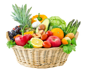 Verschiedene frische Früchte und Gemüse im Korb auf transparentem Hintergrund