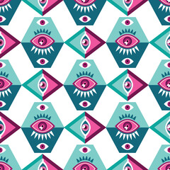 Awesome seamless pattern with esoteric eye different shapes, Magic, witchcraft, occult symbol, colorful line art. fabric, paper, textile. Vector Modern mythic graphic background illustration.
