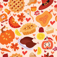 Happy Thanksgiving holiday  seamless pattern  with cartoon festive elements- pumpkin, apple, maple leavec, acorn, nuts.
Vector illustration  autumn holiday backround