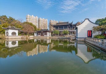 Fototapeta na wymiar Aerial photography of Tianning Pagoda, Wenbi Pagoda, Hongmei Pavilion and Hongmei Park Scenic Spot in Changzhou City, Jiangsu Province, China