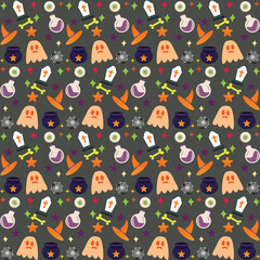Fototapeta premium Halloween orange festive seamless pattern. Endless background with pumpkins, skulls, bats, spiders, ghosts, bones, candies, spider web and speech bubble with boo