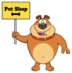 Brown Bulldog Cartoon Mascot Character Holding A Sign With Text Pet Shop. Hand Drawn Illustration Isolated On Transparent Background
