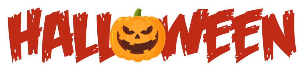 Halloween Greeting Banner Of A Evil Pumpkin As The O. Hand Drawn Illustration Isolated On Transparent Background