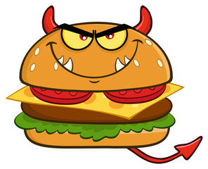 Angry Devil Burger Cartoon Mascot Character. Hand Drawn Illustration Isolated On Transparent Background