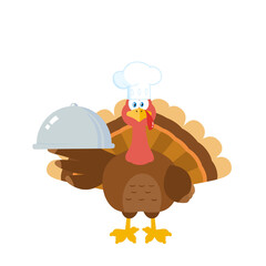 Turkey Chef Cartoon Mascot Character Holding A Cloche Platter. Hand Drawn Illustration Isolated On Transparent Background