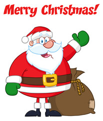 Santa Claus Cartoon Mascot Character Waving. Hand Drawing. Hand Drawn Illustration Isolated On Transparent Background