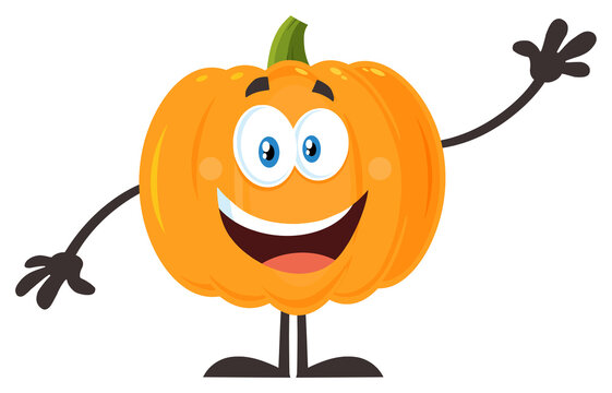 Happy Orange Pumpkin Vegetables Cartoon Emoji Character Waving. Hand Drawn Illustration Isolated On Transparent Background