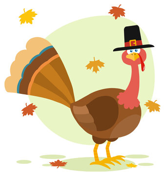 Thanksgiving Turkey Bird With Pilgrim Hat Cartoon Character. Hand Drawn Illustration Isolated On Transparent Background